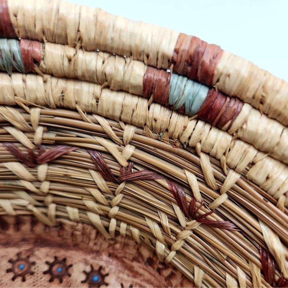 Vtg 2000 Joyce Wenker Handwoven Pine Needle Basket Kachina Clay Base Bowl Signed
